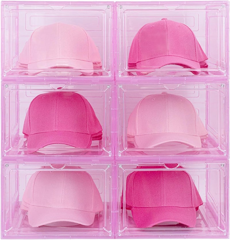 SCAVATA 6 Pack Hat Organizer Box, Stackable Clear Baseball Caps Holder Box Containers with Magnetic Door for Hats Snapback Cap Storag, Hat Rack Display Case, Holds 8 Hats Each (Pink) - Image 1